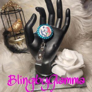 Glam Bling Rhinestone Beautiful Jack & Sally Retractable Badge Lanyard #2